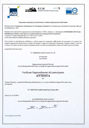 2013-Zertifikat-Konservierende-Zahnheilkunde-Certificato-Odontoiatria-Conservativa-Nogaredo-Trento-Dr-Thomas-Waechter-Zahnarzt-Odontoiatra-Bozen-Bolzano-1