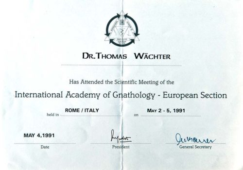 1991-Zertifikat-Funktionelle-Zahnheilkunde-Certificato-Odontoiatria-Funzionale-Roma-Dr-Thomas-Waechter-Zahnarzt-Odontoiatra-Bozen-Bolzano
