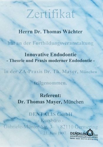1997-Zertifikat-Endodontie-Certificato-Endodonzia-Muenchen-Dr-Thomas-Waechter-Zahnarzt-Odontoiatra-Bozen-Bolzano