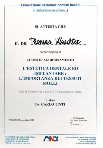 2002-Zertifikat-Aesthetische-Zahnheilkunde-Certificato-Odontoiatria-Estetica-Lavis-Trento-Dr-Thomas-Waechter-Zahnarzt-Odontoiatra-Bozen-Bolzano