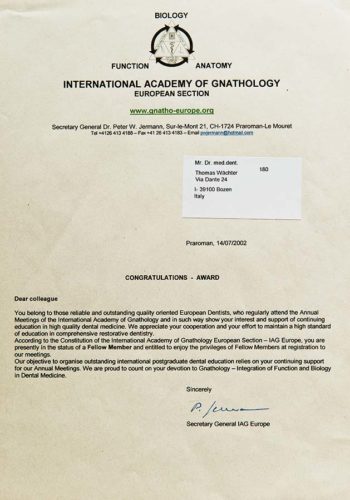 2002-Zertifikat-Funktionelle-Zahnheilkunde-Certificato-Odontoiatria-Funzionale-Schweiz-Svizzera-Dr-Thomas-Waechter-Zahnarzt-Odontoiatra-Bozen-Bolzano